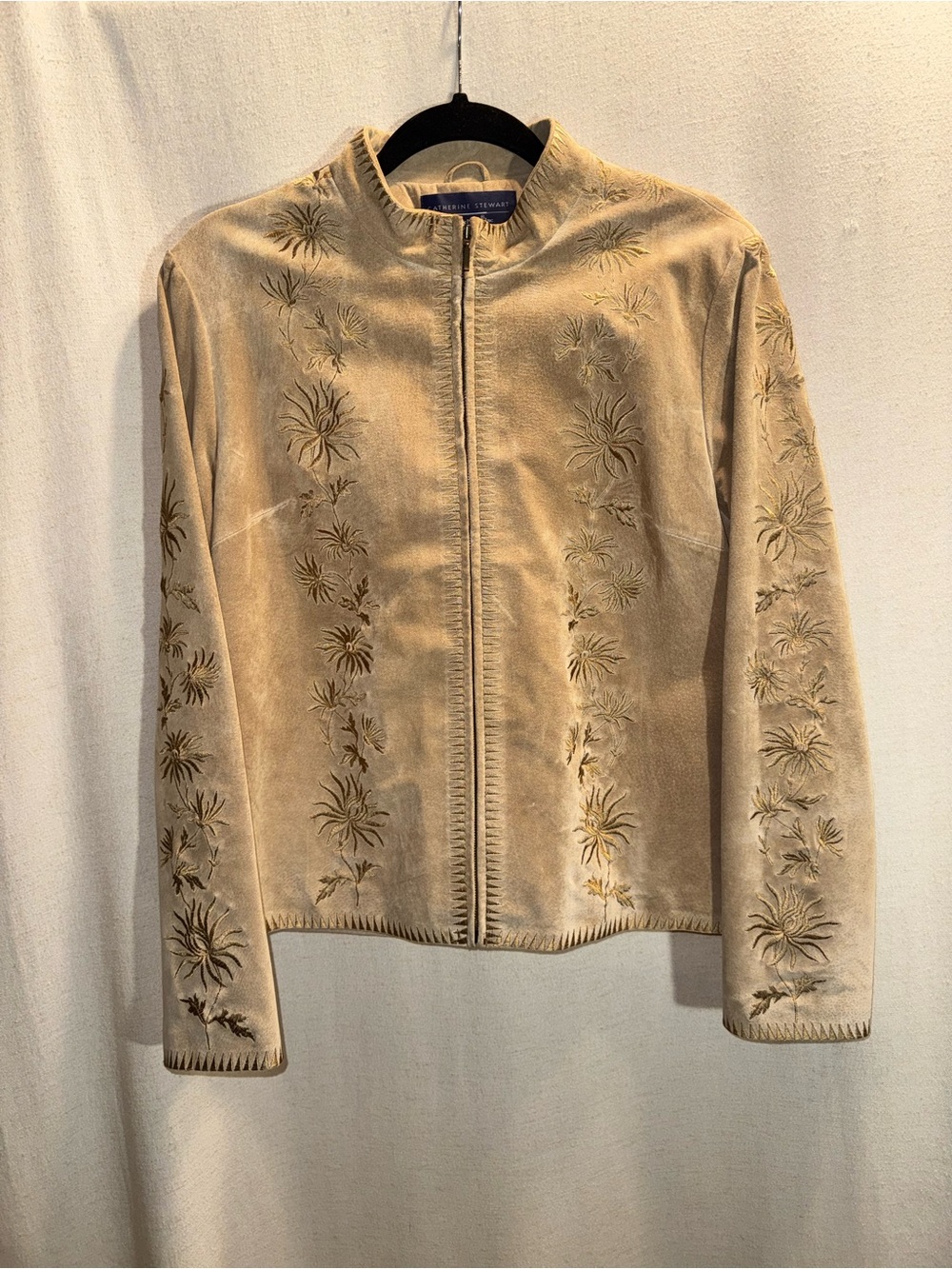 Catherine Stewart Embroidered Suede Jacket Tan Floral L